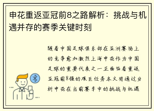 申花重返亚冠前8之路解析：挑战与机遇并存的赛季关键时刻