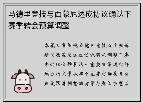 马德里竞技与西蒙尼达成协议确认下赛季转会预算调整