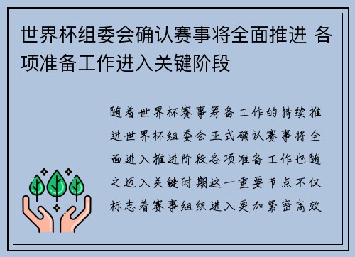 世界杯组委会确认赛事将全面推进 各项准备工作进入关键阶段