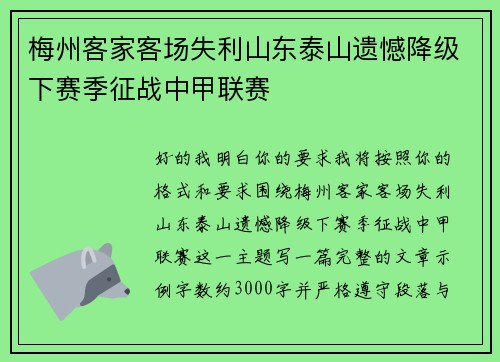 梅州客家客场失利山东泰山遗憾降级下赛季征战中甲联赛